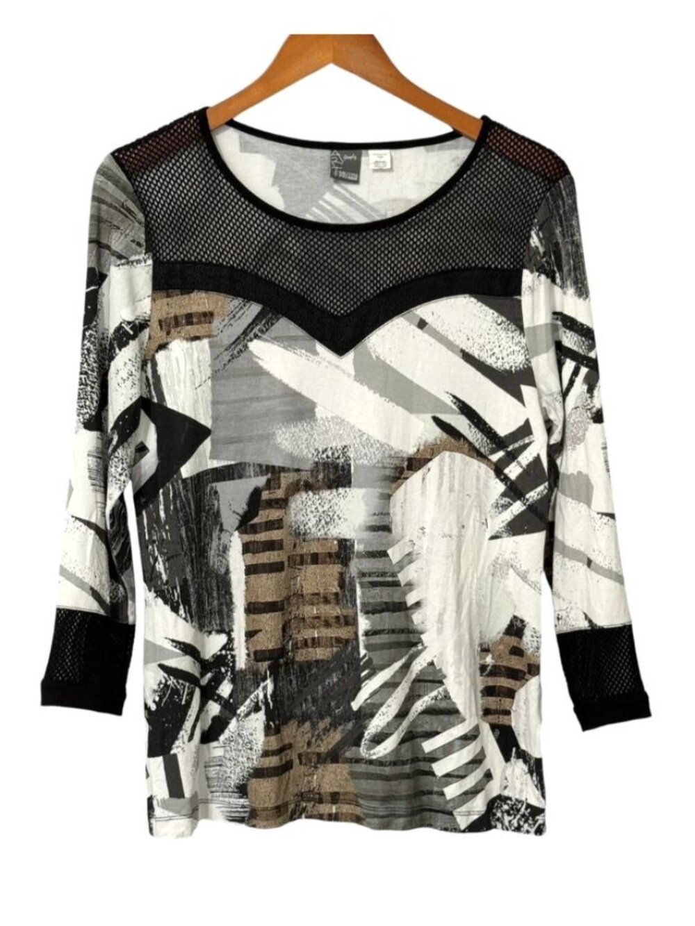 Simply Art by Dolcezza Abstract Top Mesh Art to Wear Black White Neutrals Size L